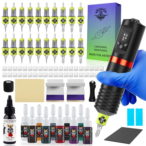 Wireless Tättoo Pen Kit with Digital LED Screen, 1800mAh Battery, Rotary Tättoo Machine Kit with 10 Mixed Cartridges and 10 Color Bottles for Lining and Shading