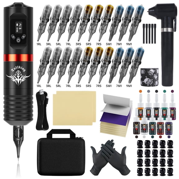 Wireless Tättoo Pen Kit with LED Display, Rechargeable Battery Tättoo Machine Set with 20 Mixed Cartridges, 10 Color Bottles and Practice Accessories