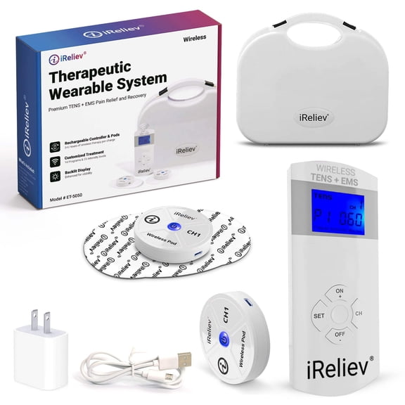 iReliev Therapeutic Wearable Wireless TENS Unit & EMS Muscle Stimulator System for Pain Relief & Conditioning