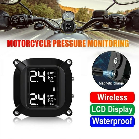 Wireless TPMS for Motorcycle with LCD Display, Real- Tire Pressure & Temperature Monitor System, 2 External Sensors, 433MHz, PSI/BAR Units, Low Battery & High Temp Alarm