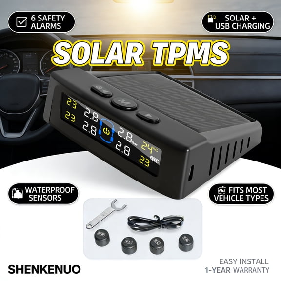 Wireless TPMS Tire Monitor with Solar Charging, 6 Alarm Functions, LCD Backlight Display, for SUV, RV, Truck, Sedan