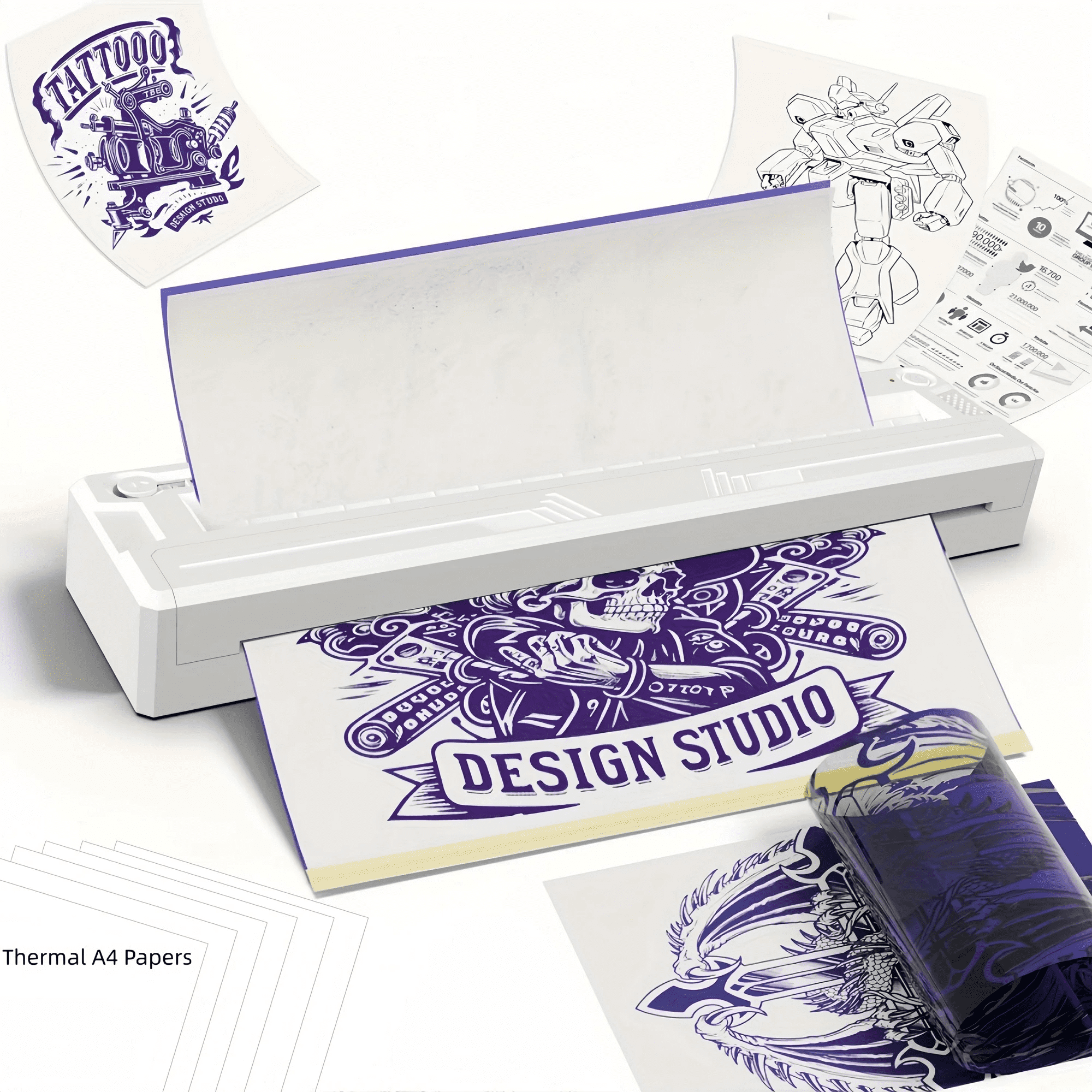 Wireless Tattoo Stencil Printer & A4 Thermal Printer with App Custom, Print Realistic Portraits, 6 Transfer Papers Included and Six Sheets of Thermal Paper
