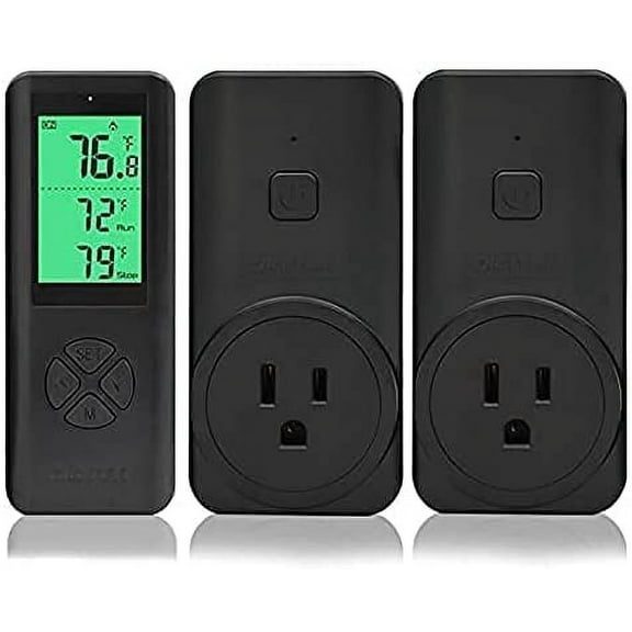Wireless Temperature Controller, Remote Control Detect Temp, Digital Remote Thermostat, Plug-in Thermostat Outlet, Built-in Sensor(1 Controller can Work W/ 2 Receiver), Widely Use Thermostat, Black