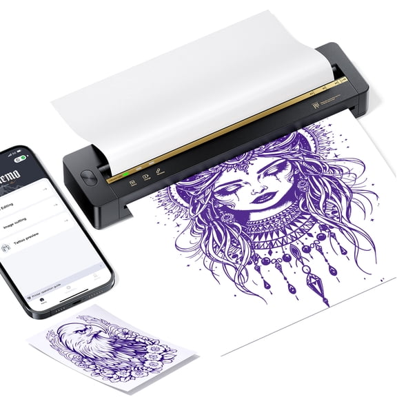 Wireless Thermal Printer for Tattoo Stencils, Featuring a Black Design And Including 5 Transfer Papers, Compatible with Smartphones, Tablets, And Computers