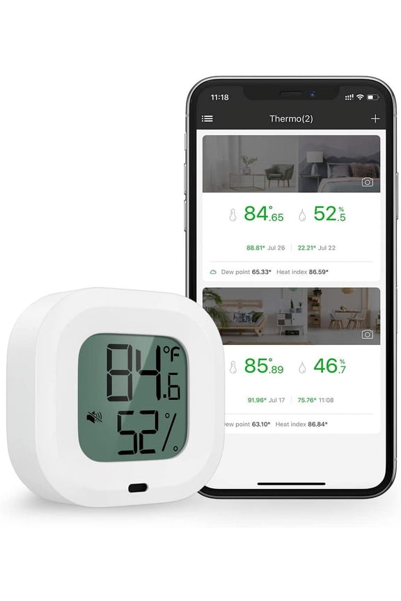Wireless Thermometer Hygrometer for iPhone/Android, Smart Bluetooth Humidity Temperature Sensor with Alarm and Data Storage for Green House Guitar Camera Storage Humidor Incubator Monitor