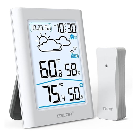Wireless Thermometer Indoor Outdoor, Digital Weather Station with Clock & WWVB Radio Control, Portable Indoor/Outdoor Temperature Monitor for Home, Patio, Garden - Large LCD Display