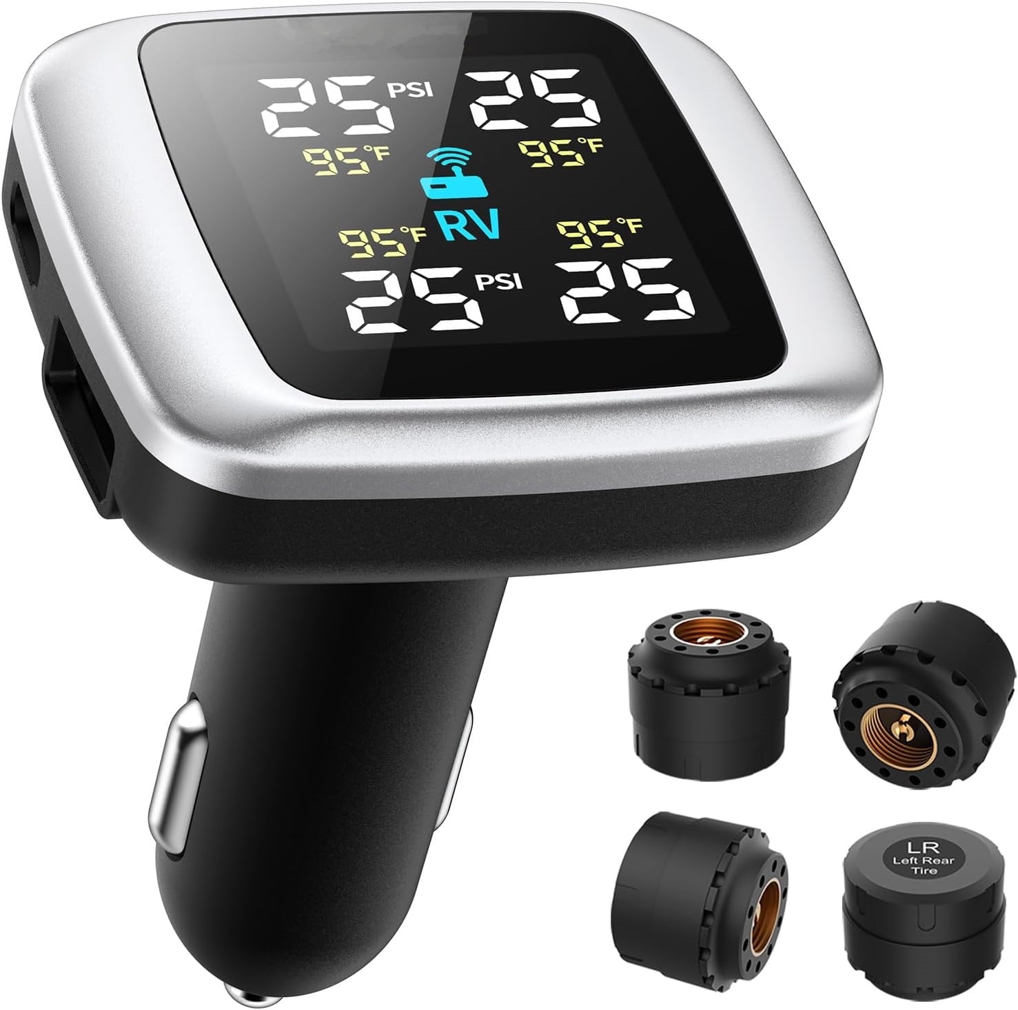 Wireless Tire Pressure Monitoring System with 4 External Sensors and 6  Alarm Modes, Color Display, Real-Time Tire Pressure Monitoring System,  Ideal for RV SUV MPV Truck Sedan (0-87 PSI) - Walmart.com, image size:1477x1465