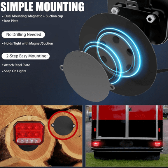 Wireless Trailer Lights, 4-in-1 LED Tail Lights with Emergency Strobe - Brake/Turn/Reverse, Magnetic & Suction Cup Mount for Trailers, Trucks, RVs, Boats