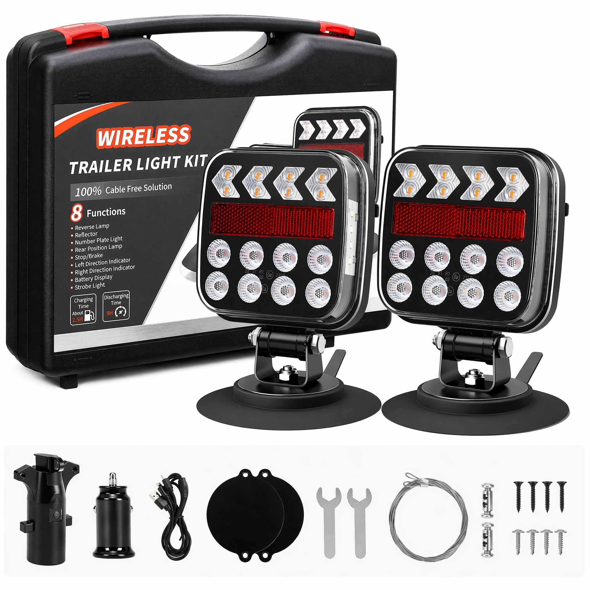Wireless Trailer Lights Magnetic, LED Trailer Light Kit with 5 Modes & 2.4GHz Signal, Rechargeable Wireless Tow Tail Lights IP67 Waterproof for Trucks, RVs, Boats, Campers