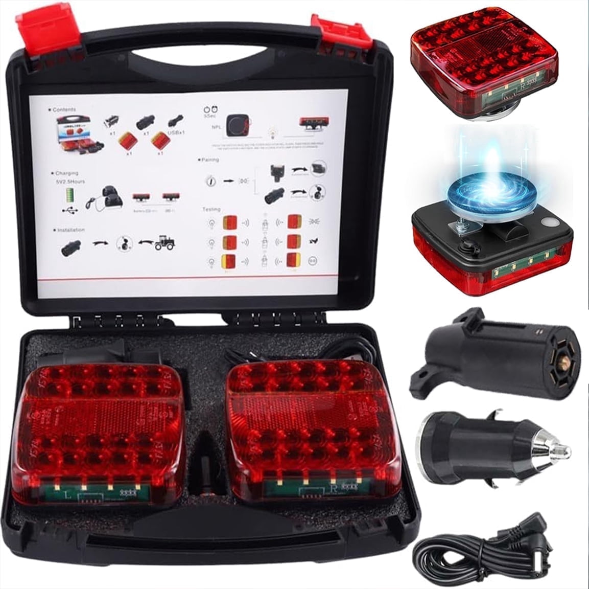 Wireless Trailer Lights Magnetic,Wireless Trailer Lights,2026 New Led Wireless Tail Lights for Trailer,Rechargeable Towing Light Kit with Powerful Suction Base for Trucks,Boat,RV,Vehicle