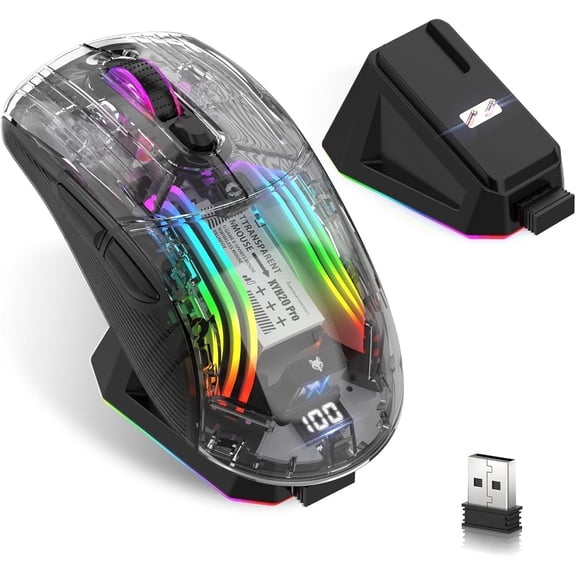 Wireless Tri-Mode Transparent RGB Mechanical Gaming Mouse with Charging Base and Digital Display, 2.4GHz, Bluetooth, and Wired Connectivity, 7-Button Silent Mouse for Gaming and Esports(Black)