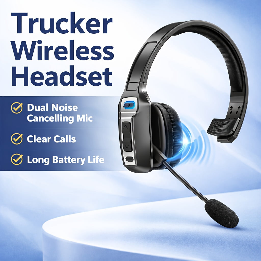 Wireless Trucker Headset with AI Noise Cancelling Microphone, Bluetooth Headset for Truck Drivers, Hands-Free Calling, Long Battery Life, Lightweight
