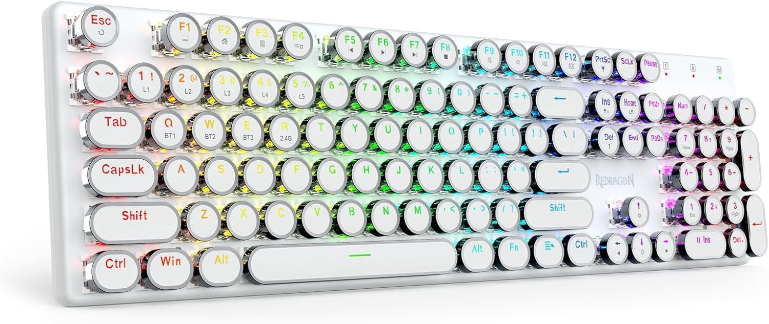 Wireless Typewriter Mechanical Gaming Keyboard, Bluetooth/2.4Ghz/Wired,Blue Switch - Clicky, Rechargeable, Solid Metal Panel, Round Keycaps, Green