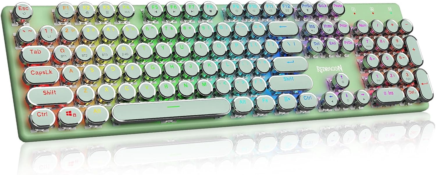 Wireless Typewriter Mechanical Gaming Keyboard, Bluetooth/2.4Ghz/Wired, RGB LED Backlit, Blue Switch - Clicky, Rechargeable, Solid Metal Panel, Round Keycaps