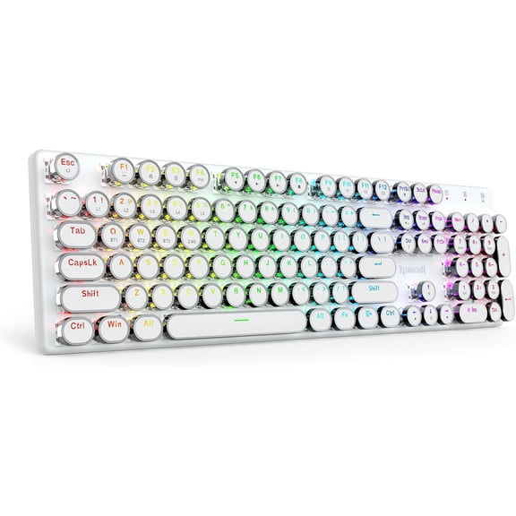 Wireless Typewriter Mechanical Gaming Keyboard, Bluetooth/2.4Ghz/Wired, RGB LED Backlit, Blue Switch - Clicky, Rechargeable, Solid Metal Panel, Round Keycaps