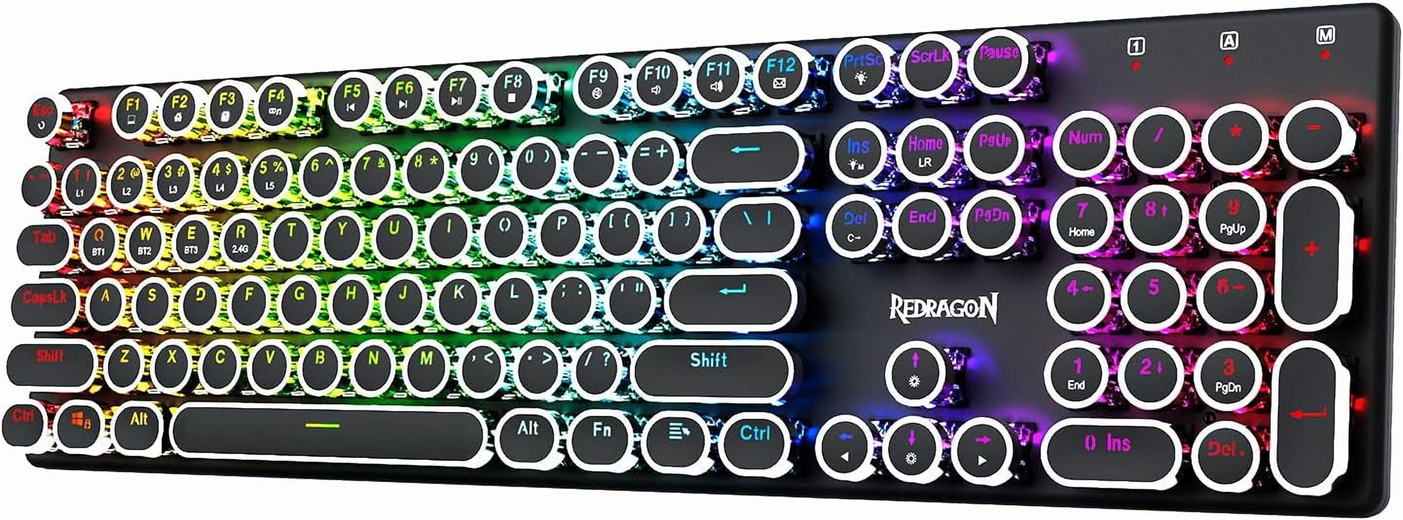Wireless Typewriter Mechanical Keyboard with Backlight, Blue Clicky Switches, Rechargeable Battery, Solid Metal Panel, and Round Keycaps