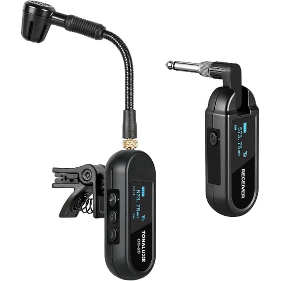 Wireless UHF Saxophone Microphone System, Clip Instrument Microphone Saxophone And Trumpet, Preset EQ And Echo Level 164 Feet Transmission, 20 Channels, Full Charge Can Be Used For 8 Hours