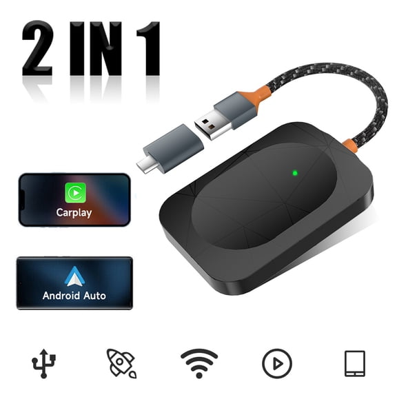 2-in-1 Wired to Wireless CarPlay Adapter /Android Auto Adapter Plug & Play US A+ Mini Size Stable Control & No Delay, Black