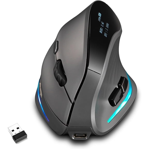 Wireless Vertical Ergonomic Gaming Mouse with Display, Tri-Mode Connectivity, 7 Programmable RGB Buttons, 4000 DPI, Rechargeable for PC, Laptop, and Mac