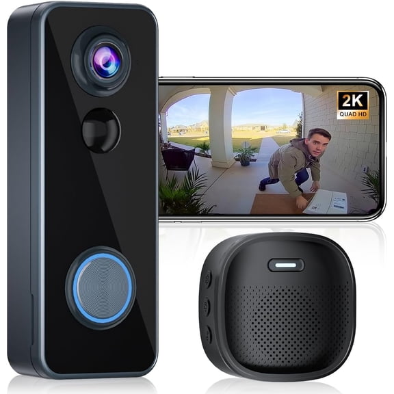 Wireless Video Doorbell with 180 Head-to-Toe View 2K HD Live View Two-Way Talk Battery Powered Motion Alerts Chime Black