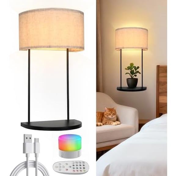 Wireless Wall Sconce with 5000 mAh Rechargeable Magnetic RGB Bulb & Remote Control, Battery Operated Metal Wall Light with Shelf for Bedroom Bedside Table or Living Room Decor$$Tools & Hardware Other