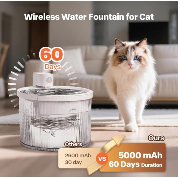 Wireless Water Fountain for Cats, 68oz/2L Ultra Quiet Pump Cordless Cat Water Fountain, Rechargeable Cat Drinking Fountain with Motion Sensor, 2 Replacement Sponge Filters & Mat