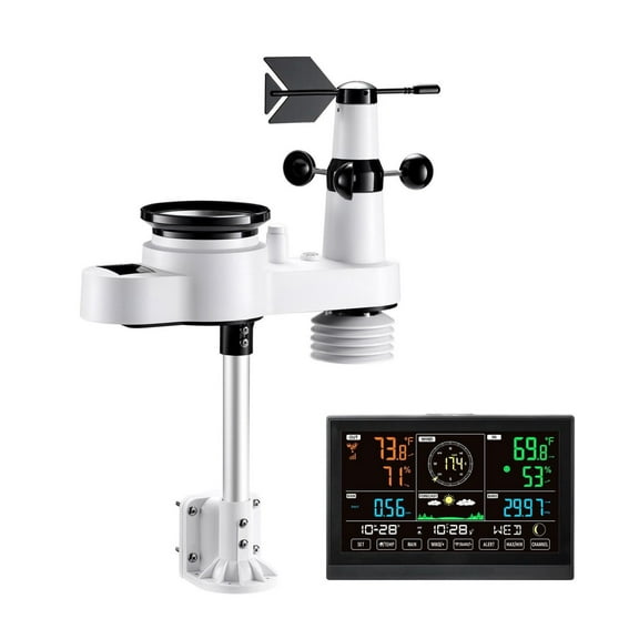 Wireless Weather Station 5-in-1, 7.5" VA Display, Solar Powered, Rain Gauge, Temp/Humidity, Wind Speed/Direction - Indoor Outdoor Forecast