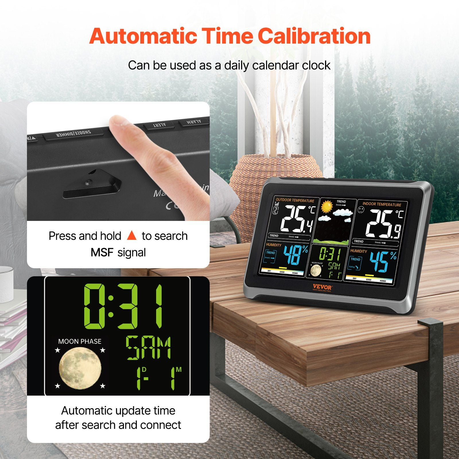 Wireless Weather Station with 7.5" Large Color Display, Indoor/Outdoor Temperature Humidity Monitor, Atomic Clock, Forecast, Calendar, Alarm, Adjustable Backlight