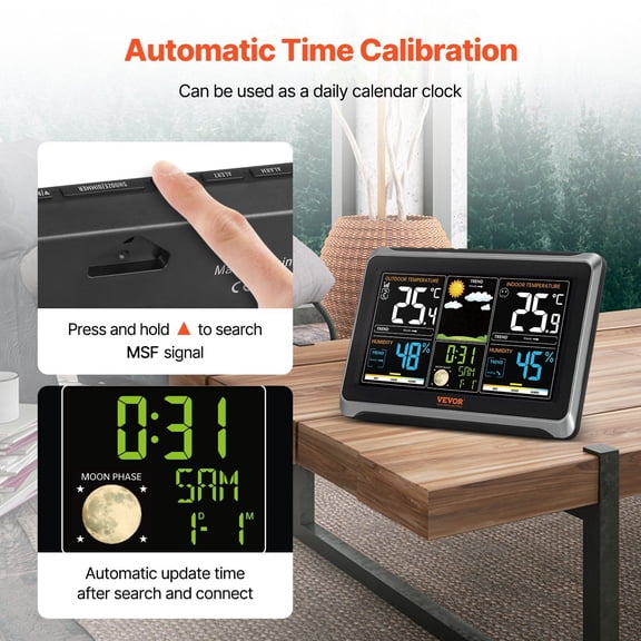 Wireless Weather Station with 7.5" Large Color Display, Indoor/Outdoor Temperature Humidity Monitor, Atomic Clock, Forecast, Calendar, Alarm, Adjustable Backlight