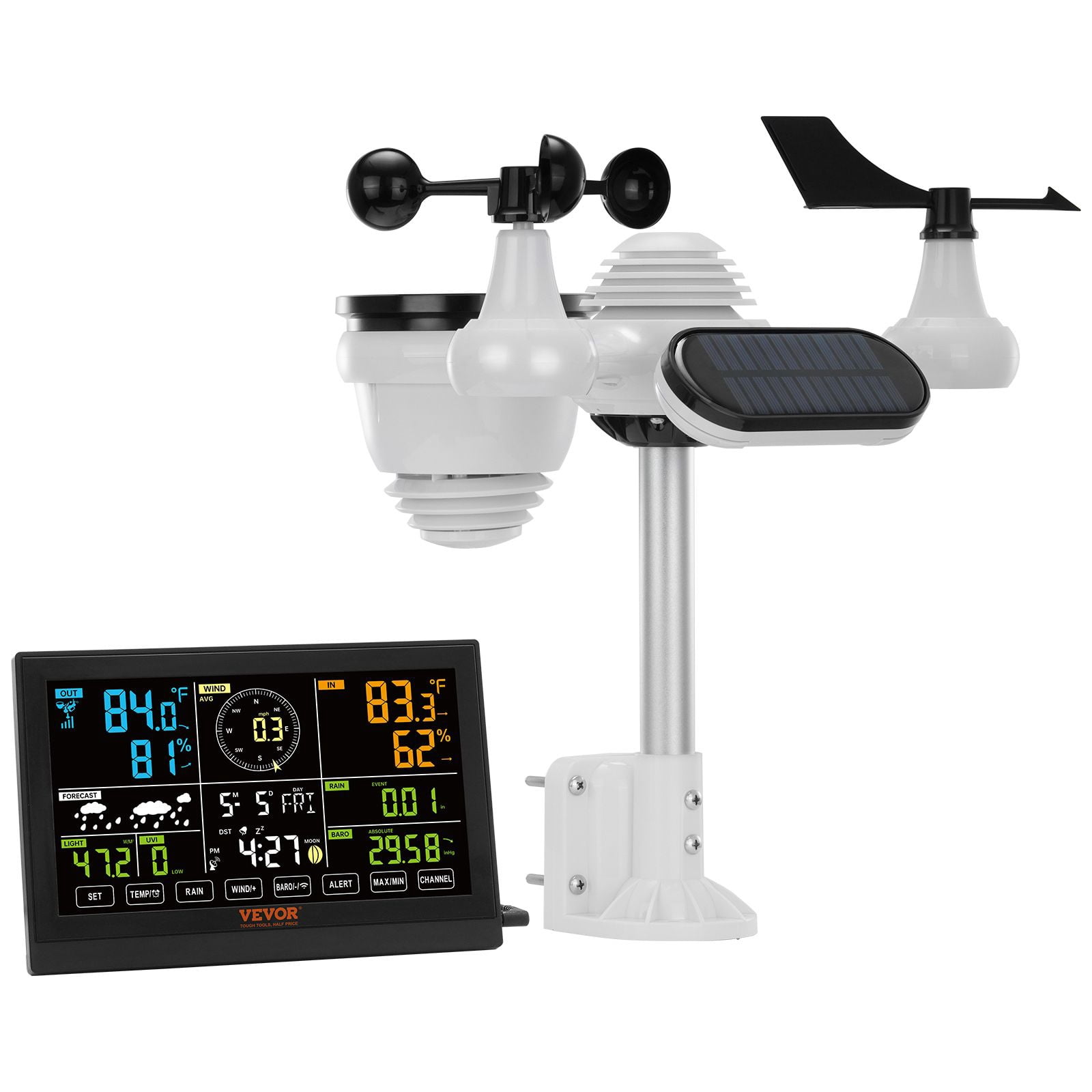 Wireless Weather Station 7-in-1 Solar Powered 7.5 Inch Display for Home Garden Farm