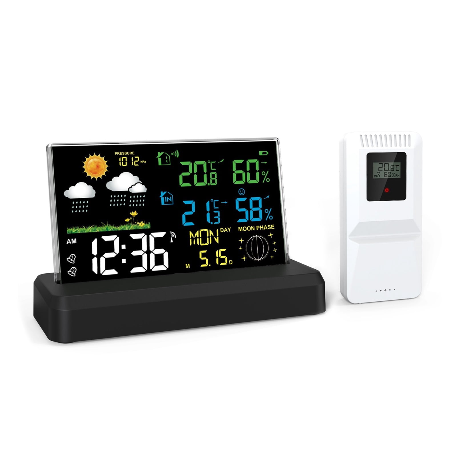 Wireless Weather Station Alarm Clock Color Screen In/Outdoor Thermometer Hygrometer - BLACK
