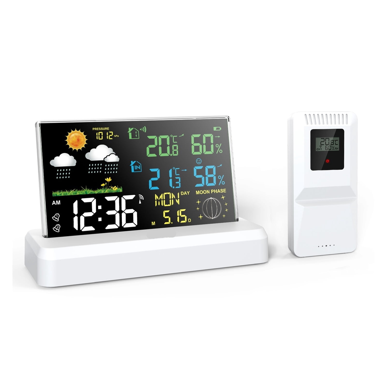 Wireless Weather Station Alarm Clock Color Screen In/Outdoor Thermometer Hygrometer - WHITE