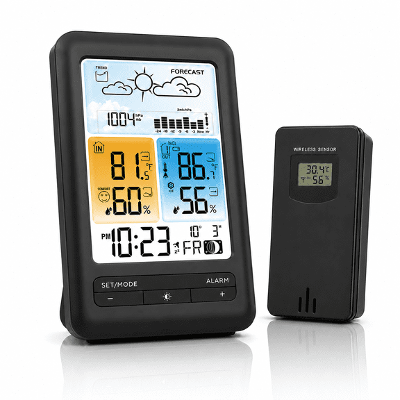 Wireless Weather Station, Fatomal Indoor Outdoor Thermometer Hygrometer with Remote Sensor, Digital Barometer, Weather Forecast, Moon Phase, Alarm Clock, Calendar, Humidity Gauge for Home Office