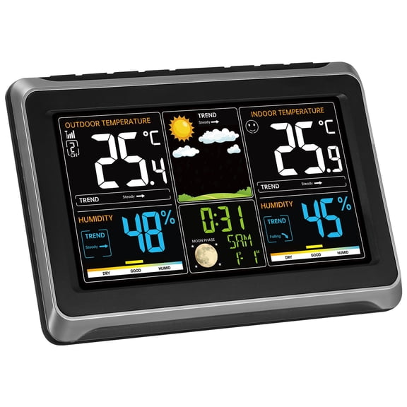 Wireless Weather Station Indoor Outdoor 7.5" Color Display Atomic Clock Backlight Forecast Calendar Alarm Temp Sensor No WiFi
