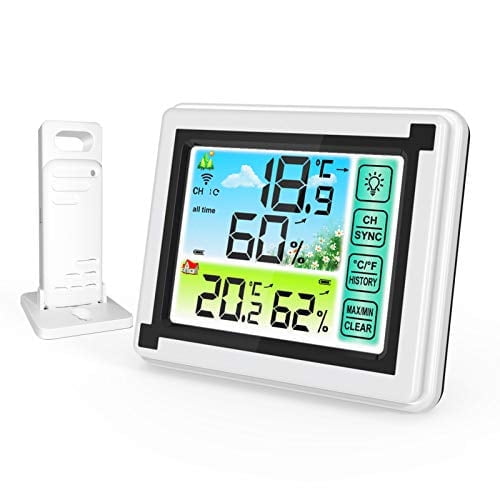 Wireless Weather Station Indoor Outdoor Thermometer with Remote Sensor,Digital Temperature and Humidity Monitor with LCD Backlight,Touchscreen,Min/Max Records for Home,Office,Baby Room