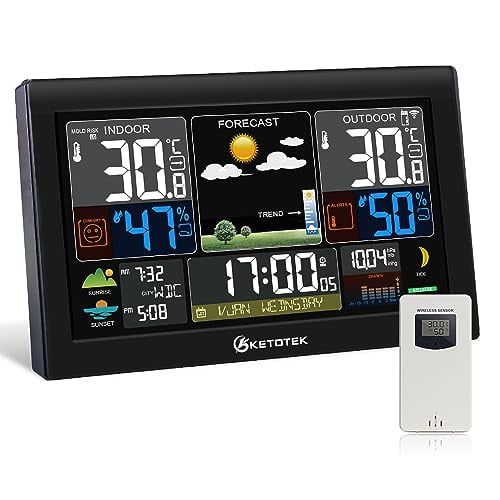 Wireless Weather Station with Outfdoor Sensor 8.8'' LCD Digital Thermometer Hygrometer,WWVB Radio Alarm Clock,Barometer,Weather Forecast,City Sunrise Sunset Time,Calender,Moon Phase