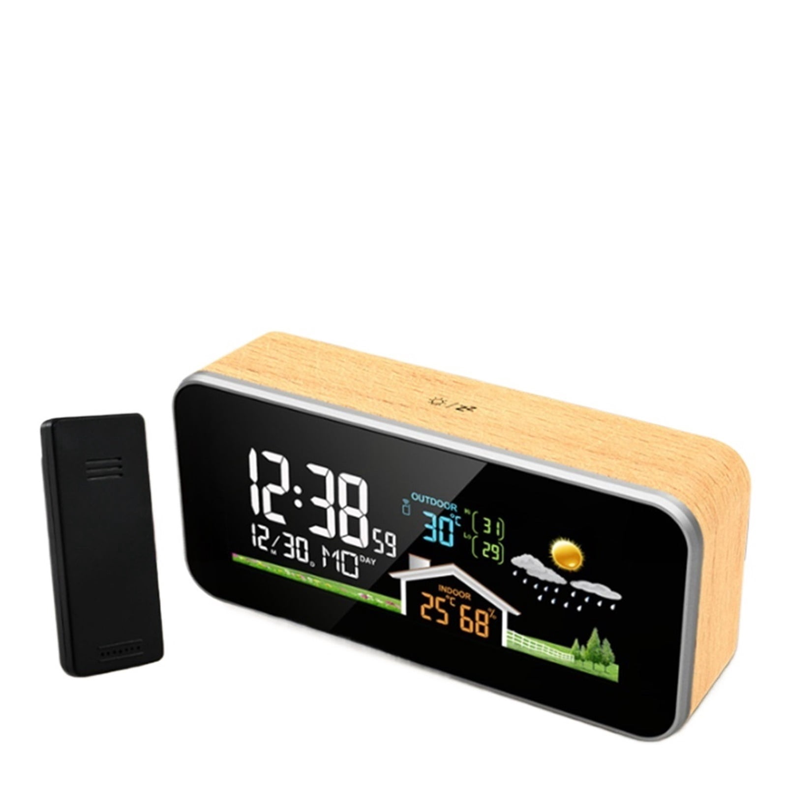 Wireless Weather Station Wooden Alarm Clock Digital Thermometer Humidity Temperature Wireless Sensor Home Desktop Time Watch