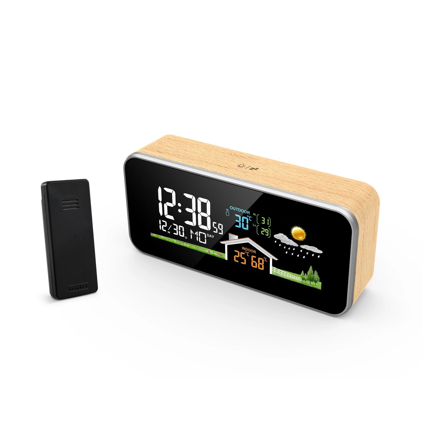 Wireless Weather Station Wooden Alarm Clock Digital Thermometer Humidity Temperature Wireless Sensor Home TimeWatch Desktop #30 ,High Precision
