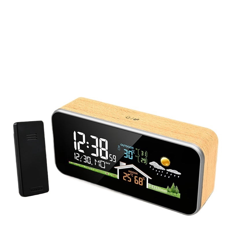 Wireless Weather Station Wooden Alarm Clock, Digital Thermometer for Home