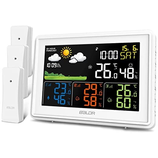 Wireless Weather Station with 3 Sensors, Color Display Digital Atomic Clocks with Indoor Outdoor Temperature