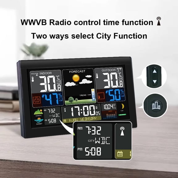 Wireless Weather Station with Outdoor Sensor 8.8 Inch LCD Digital Thermometer Hygrometer Barometer Alarm Clock Moon Phase