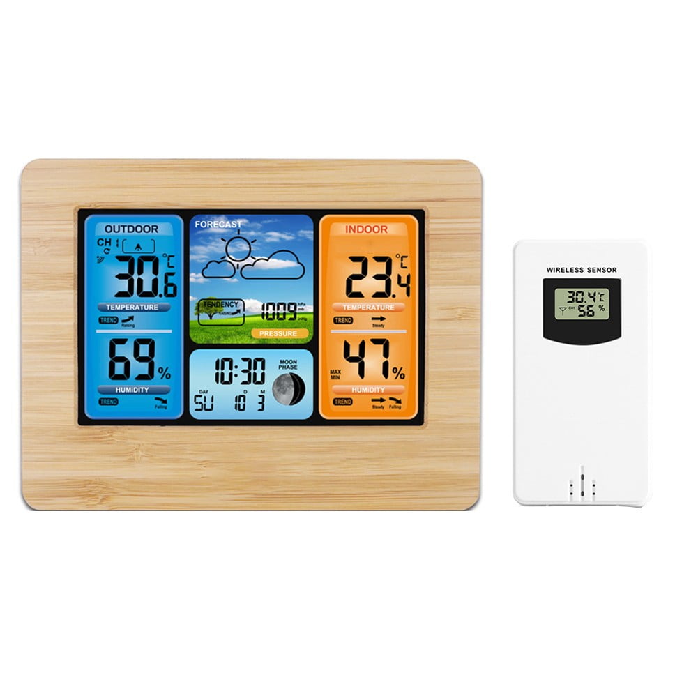 Wireless Weather Station with Outdoor Sensor, Digital Alarm Clock, Temperature Humidity Monitor, Moon Phase Display, 24-Hour Pressure Trend