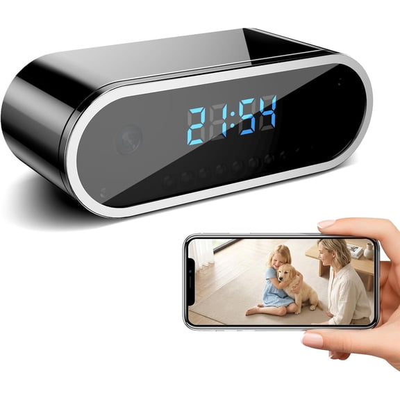 Wireless WiFi Indoor Security Camera with Clock for Home with App Control, Motion Detection, 150 ° Outdoor Camera with Night Vision & Loop Recording for Office/Shop/Pet/Garage,User-Friendly