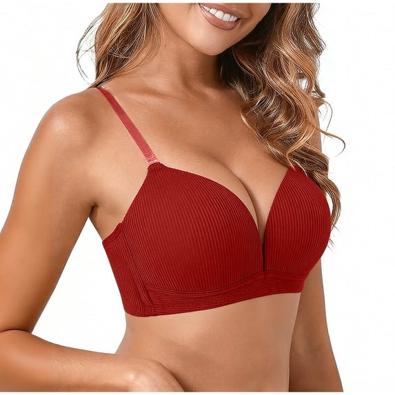 VONCOS Wireless Womens Ribbed Seamless Push-Up Plunge Bra, Comfortable T-Shirt Bra with Adjustable Straps, Red, 1-Pack,Size S