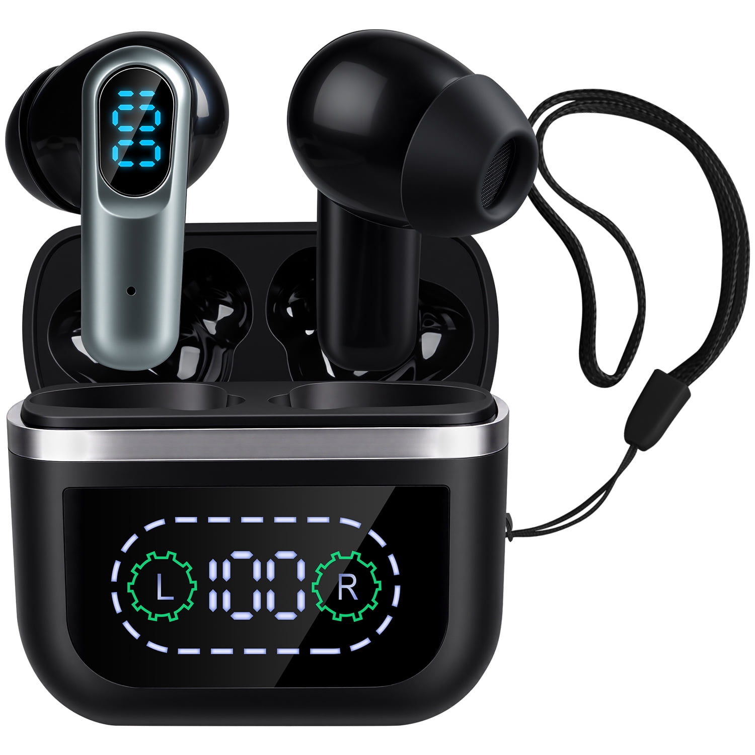 Wireless Earbuds for Android with Strap,Bluetooth 5.4 Earbuds Headphones Noise Cancelling LED Power Display Dual Mic w Charging Case Headphone Wireless Earbuds Compatible with iPhone/Android,Black