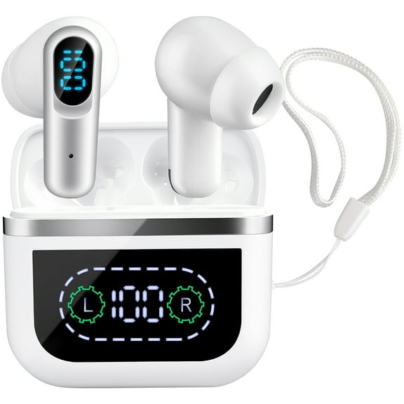 Wireless Earbuds for Android with Strap,Bluetooth 5.4 Earbuds Headphones Noise Cancelling LED Power Display Dual Mic w Charging Case Headphone Wireless Earbuds Compatible with iPhone/Android,White
