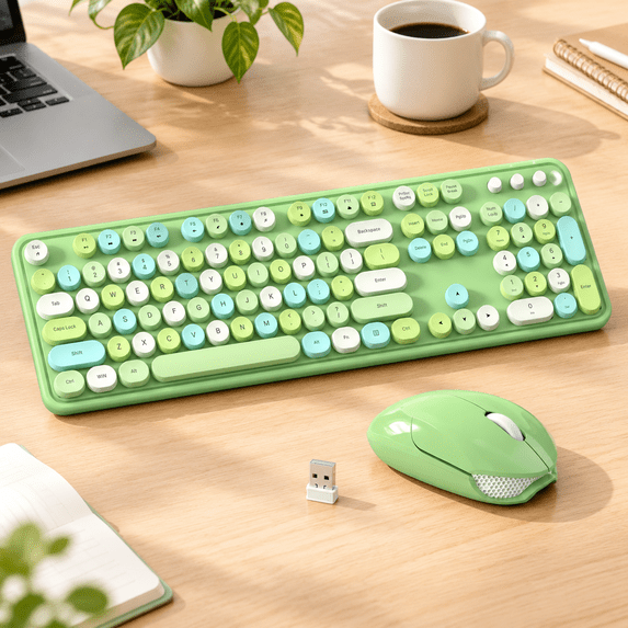 Green R Key Wireless and Mouse Set, 104 Keys Full-Sized 2.4 GHz, Green Mixed, Round ...