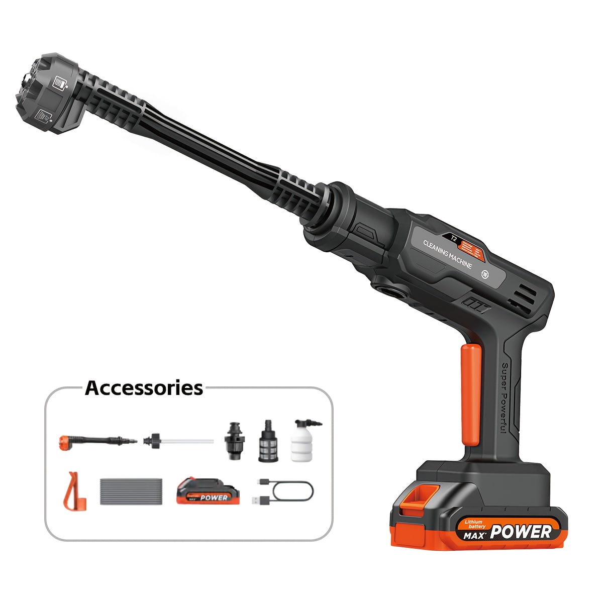 Wireless car pressure washer gun high speed motor multiple nozzles portable with battery and water hose