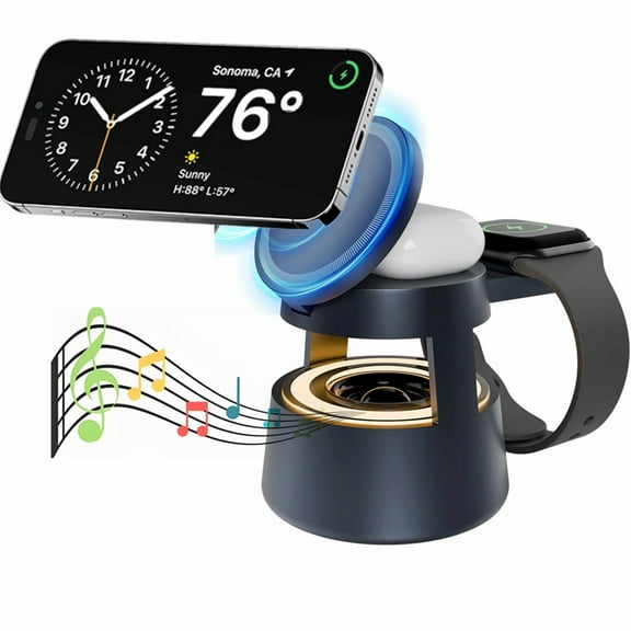 5-in-1 Wireless Charging Station Speaker,15W Fast Wireless Charger Bult-in Bluetooth Speaker,3 Night Light with HD Sound & Phone Holder for Apple Mag Safe iPhone Android, Desktop Home Office