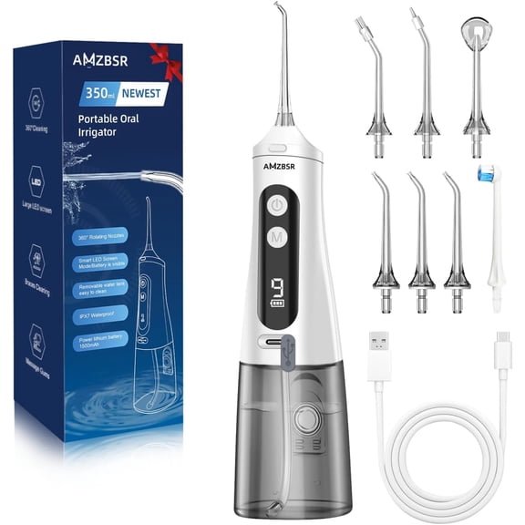 Wireless charging water flosser picks, suitable for teeth, gums, and orthodontic care, with 7 types of floss tips, waterproof for use in the shower, 9 modes, suitable for travel and home use - white